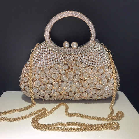 Luxurious Women's Full Rhinestone Daisy Flower Evening Bag Handheld Clutch With Pearl Clasp For Wedding Banquet Party