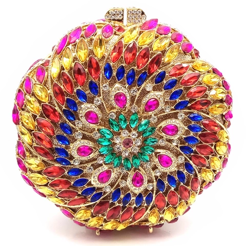 Round Evening Clutch Bag Colorful Rhinestone Crystal Floral Hard Shell Purse With Chain For Women Party Wedding