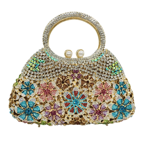 Luxurious Women's Full Rhinestone Daisy Flower Evening Bag Handheld Clutch With Pearl Clasp For Wedding Banquet Party