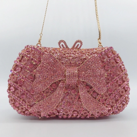 Rhinestone Bow Evening Bag Luxury Metal Hollow Crystal Clutch With Chain Strap For Women Wedding Party Banquet