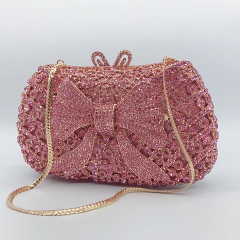 Rhinestone Bow Evening Bag Luxury Metal Hollow Crystal Clutch With Chain Strap For Women Wedding Party Banquet