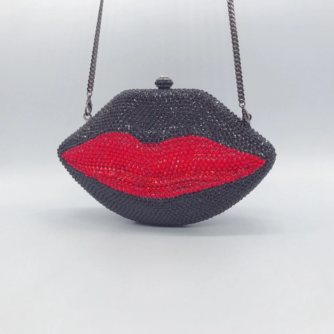 Borsa Da Sera A Forma Di Labbra Con Strass Pochette Rigida In Metallo E Cristallo Con Catena Rimovibile Per Feste