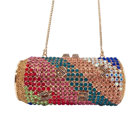 Novelty Soda Can Evening Bag Full Rhinestone Alloy Crystal Cylindrical Clutch Purse With Chain Strap For Party Gala