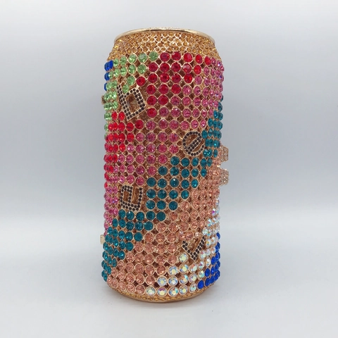 Novelty Soda Can Evening Bag Full Rhinestone Alloy Crystal Cylindrical Clutch Purse With Chain Strap For Party Gala