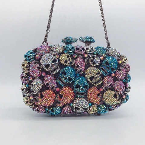 Bolso De Noche Con Calavera De Cristales Coloridos Para Mujer Embrague Rígido De Metal Gótico Con Cadena Fiesta