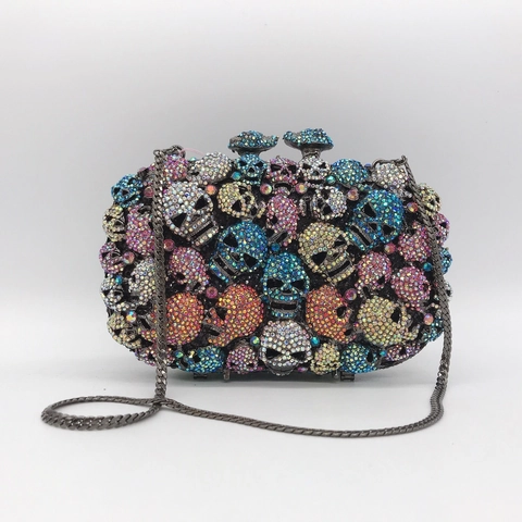 Bolso De Noche Con Calavera De Cristales Coloridos Para Mujer Embrague Rígido De Metal Gótico Con Cadena Fiesta