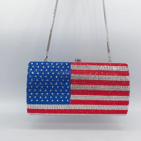 Bolso De Noche Con Bandera Americana De Diamantes De Imitación Clutch De Cristal Para Mujer Con Cadena De Metal Fiesta