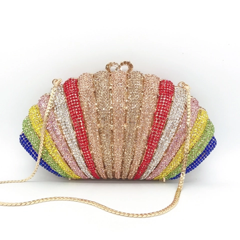 Bolso De Noche Con Diamantes De Imitación Arcoíris Forma Concha Cristal Colorido Cartera Banquete Para Mujeres Con Cadena