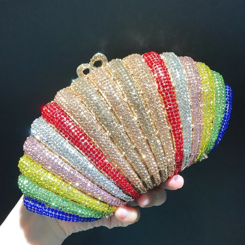 Bolso De Noche Con Diamantes De Imitación Arcoíris Forma Concha Cristal Colorido Cartera Banquete Para Mujeres Con Cadena