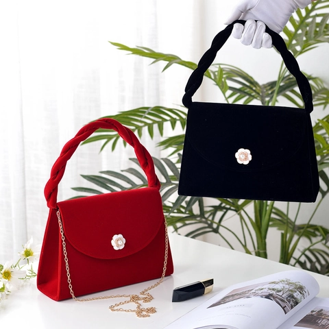 Borsa Da Sera In Velluto Camelia Fibbia In Perla Artificial Borsa A Mano Manico Intrecciato Tracolla Catena Matrimonio Elegante Donne