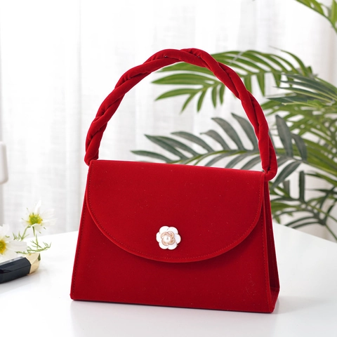 Borsa Da Sera In Velluto Camelia Fibbia In Perla Artificial Borsa A Mano Manico Intrecciato Tracolla Catena Matrimonio Elegante Donne