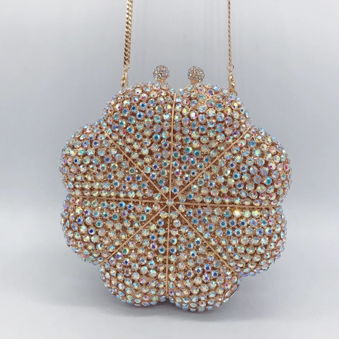 Rhinestone Evening Clutch Bag Flower Pumpkin Shape Metal Party Wedding Banquet Handbag With Chain Strap For Women