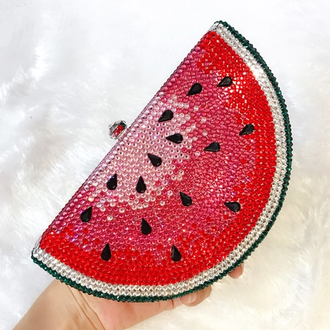 Watermelon Shape Evening Clutch Bag Handmade Rhinestone Crystal Metal Luxury Party Purse For Women