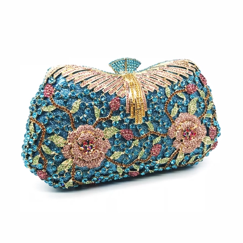 Luxurious Rhinestone Evening Clutch Bag Metal Hollow Floral Crystal Handbag For Party Wedding Women With Chain Strap