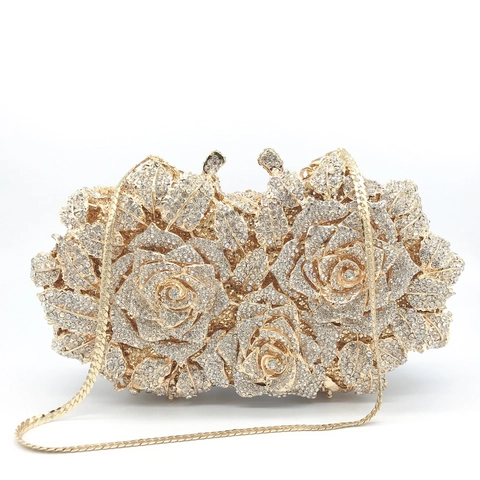Borsa Da Sera Rosa Con Strass Lusso Guscio Rigido In Metallo Pochette Per Matrimonio Festa Borsa Floreale Con Catena