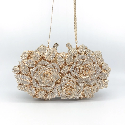 Borsa Da Sera Rosa Con Strass Lusso Guscio Rigido In Metallo Pochette Per Matrimonio Festa Borsa Floreale Con Catena