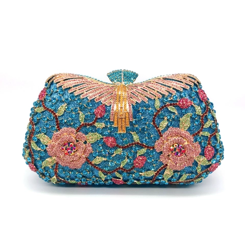 Luxurious Rhinestone Evening Clutch Bag Metal Hollow Floral Crystal Handbag For Party Wedding Women With Chain Strap