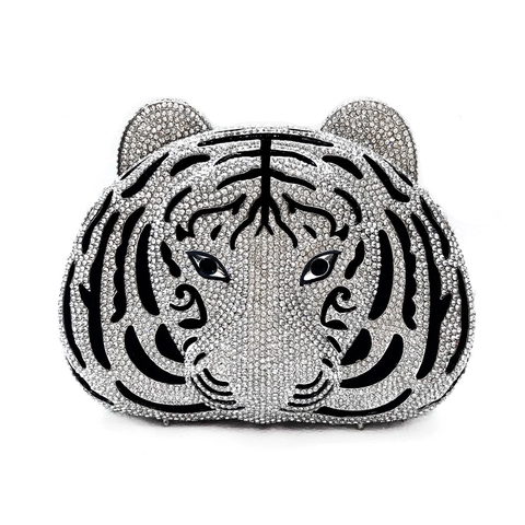 Borsa Da Sera Testa Di Tigre Clutch Strass Metallo Cavo Lusso Banchetto Festa Mano Per Donne Con Catena