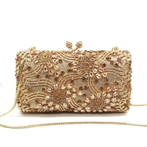 Bolso De Noche Clutch Lujo Calado Diamantes De Imitación Patrón Flores Aleación Oro Carcasa Rígida Boda Fiesta Banquete Cadena