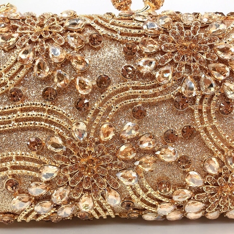 Bolso De Noche Clutch Lujo Calado Diamantes De Imitación Patrón Flores Aleación Oro Carcasa Rígida Boda Fiesta Banquete Cadena