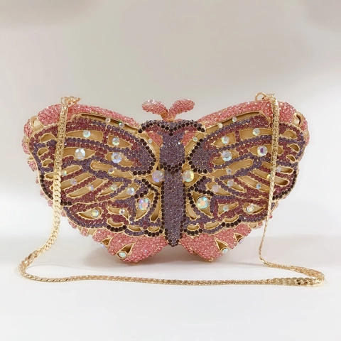 Butterfly Shape Evening Clutch Bag Rhinestone Encrusted Metal Hollow Out Hard Shell Handbag With Chain For Wedding Party