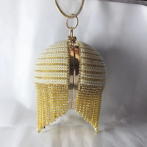 Luxus Kugelförmige Abendtasche Strass Künstliche Perle Lange Quaste Elegante Party Handtasche Runder Metallgriff Damen