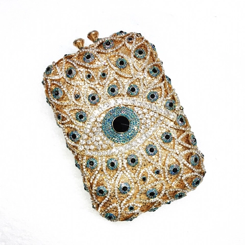 Pochette Da Sera Evil Eye Metallo Traforato Strass Cristallo Borsa A Mano Per Donne Matrimonio Festa Banchetto Verticale