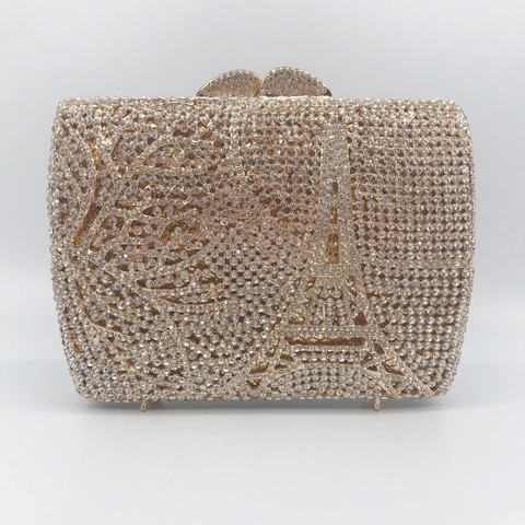 Borsa Da Sera Clutch Strass Cristallo Torre Eiffel Scocca Rigida Metallo Festa Matrimonio Banchetto Con Catena
