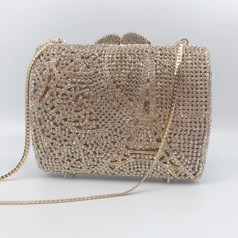 Borsa Da Sera Clutch Strass Cristallo Torre Eiffel Scocca Rigida Metallo Festa Matrimonio Banchetto Con Catena