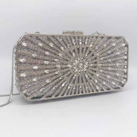 Borsa Da Sera Clutch Argento Con Strass Guscio Rigido In Metallo Cristallo Banchetto Festa Borsetta Con Catena Per Donna
