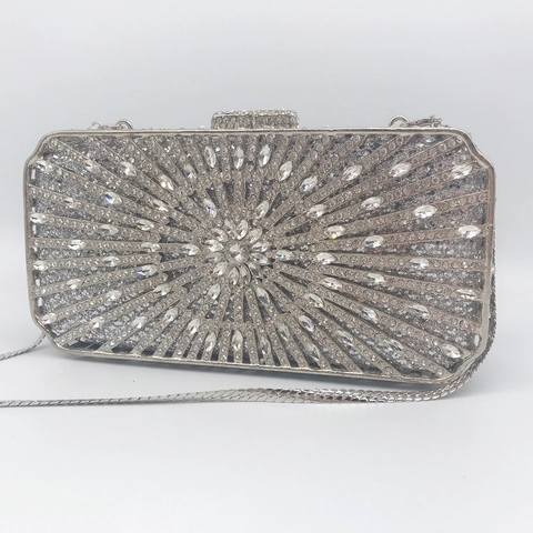 Borsa Da Sera Clutch Argento Con Strass Guscio Rigido In Metallo Cristallo Banchetto Festa Borsetta Con Catena Per Donna