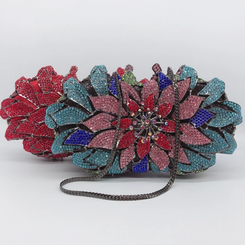 Bolso De Noche Con Forma De Flor Metal Strass Cristal Hueco Bolso De Mano Para Boda De Mujer Con Cadena