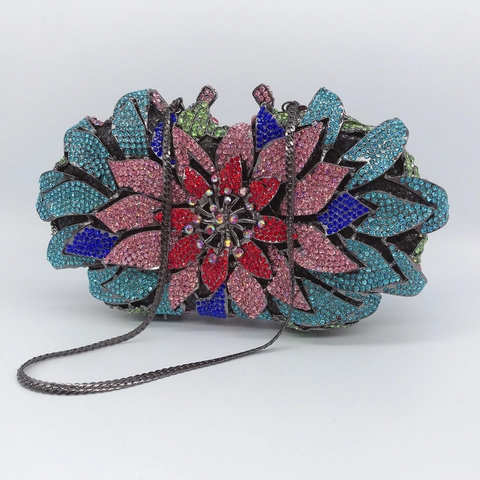 Bolso De Noche Con Forma De Flor Metal Strass Cristal Hueco Bolso De Mano Para Boda De Mujer Con Cadena