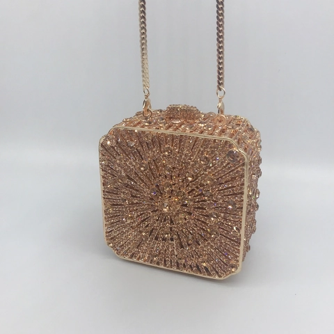 Elegant Women Rhinestone Evening Clutch Bag Metal Hard Shell Sunburst Pattern Party Wedding Banquet Luxury Handbag Box