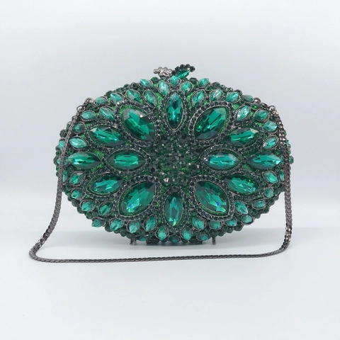 Borsa Da Sera Con Strass Verde Smeraldo Rigida Ovale In Cristallo Con Catena Rimovibile Per Matrimoni E Feste