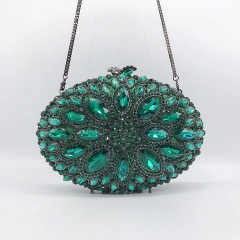 Borsa Da Sera Con Strass Verde Smeraldo Rigida Ovale In Cristallo Con Catena Rimovibile Per Matrimoni E Feste