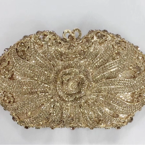Luxury Rose Flower Rhinestone Evening Clutch Bag Metal Hollow Out Sparkling Crystal Banquet Wedding Handbag For Women