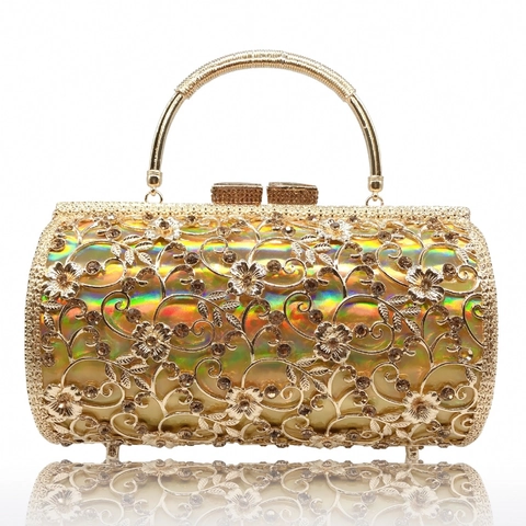 Sac De Soirée En Métal Évidé Strass Pochette Cylindre Sac À Main Avec Chaîne Pour Mariage Fête Banquet Luxe Élégant