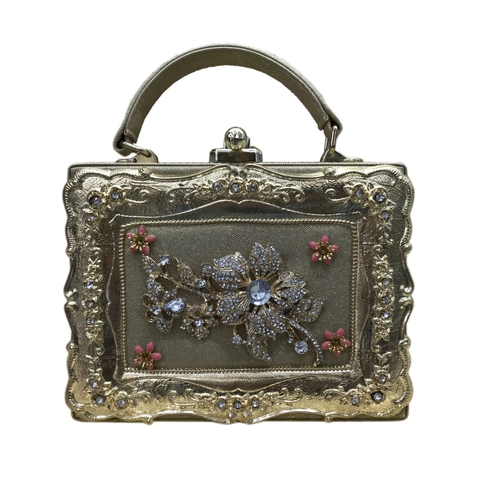 Bolso De Noche Vintage Con Pedrería Y Flores Esmalte Caja Marco De Metal Cuero PU Bolso De Mano Para Mujer