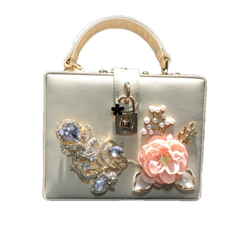 Pochette Boîte Sac À Main En Cuir PU Strass Décor Floral Sac De Soirée Pour Femmes Sac À Bandoulière Élégant Avec Chaîne
