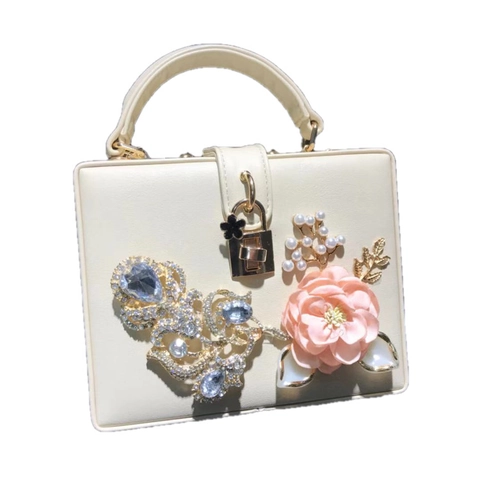 Pochette Boîte Sac À Main En Cuir PU Strass Décor Floral Sac De Soirée Pour Femmes Sac À Bandoulière Élégant Avec Chaîne
