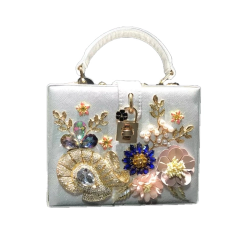 Luxury Women 3D Floral Evening Handbag PU Leather Rhinestone Artificial Pearl Decor Square Box Clutch With Top Handle Chain Strap