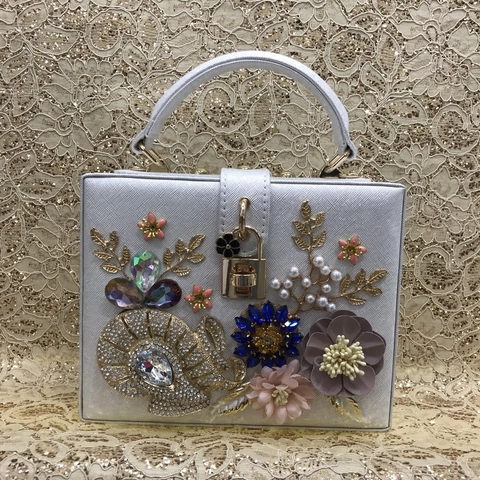 Luxury Women 3D Floral Evening Handbag PU Leather Rhinestone Artificial Pearl Decor Square Box Clutch With Top Handle Chain Strap