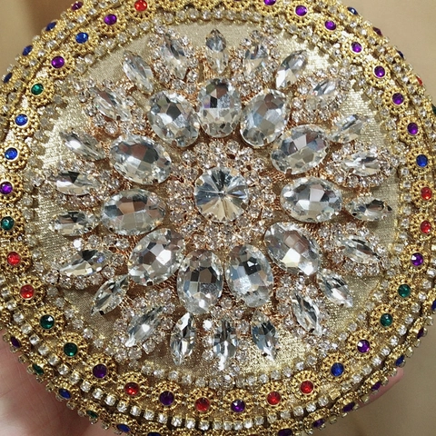 Women Round Evening Clutch Bag Luxury Rhinestone Colorful Gemstone Box Handbag With Bracelet Handle For Wedding Party