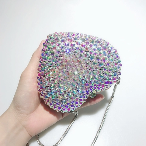 Pochette De Soirée En Forme De Cœur Strass Argentés Irisés Femmes Fête Mariage Cadre Métallique Sac À Main Chaîne Amovible