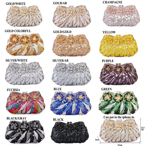 Luxury Women Evening Clutch Bag Metal Hollow Rose Flower Rhinestone Crystal Handmade Hard Shell Banquet Party With Chain
