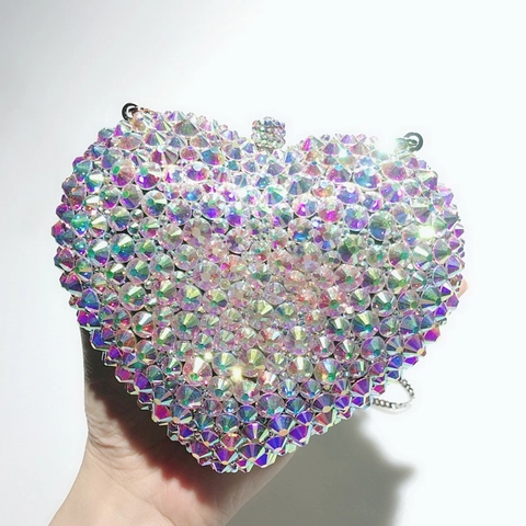 Pochette De Soirée En Forme De Cœur Strass Argentés Irisés Femmes Fête Mariage Cadre Métallique Sac À Main Chaîne Amovible