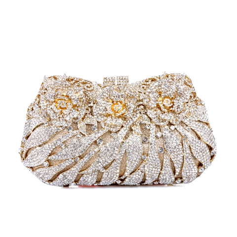 Luxury Women Evening Clutch Bag Metal Hollow Rose Flower Rhinestone Crystal Handmade Hard Shell Banquet Party With Chain