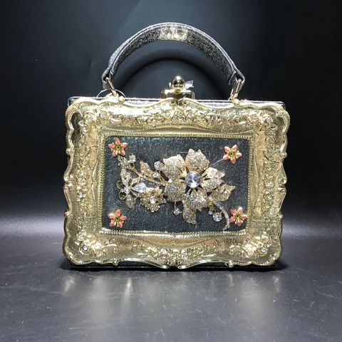 Bolso De Noche Vintage Con Pedrería Y Flores Esmalte Caja Marco De Metal Cuero PU Bolso De Mano Para Mujer