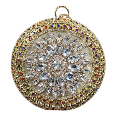 Women Round Evening Clutch Bag Luxury Rhinestone Colorful Gemstone Box Handbag With Bracelet Handle For Wedding Party
